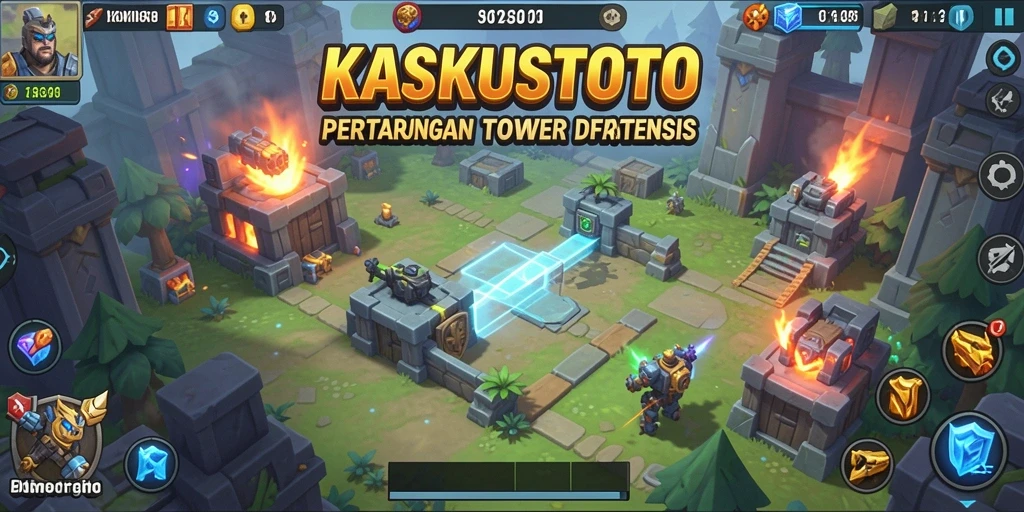 Screenshot gameplay KASKUSTOTO menunjukkan pertarungan seru dalam Tower Defense.