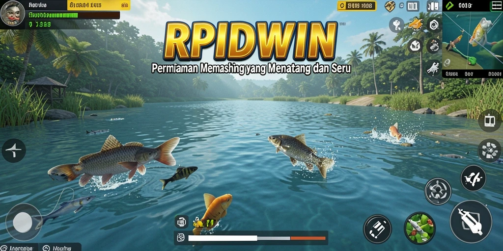 Screenshot utama RPIDWIN menampilkan aksi seru pemain sedang memancing.
